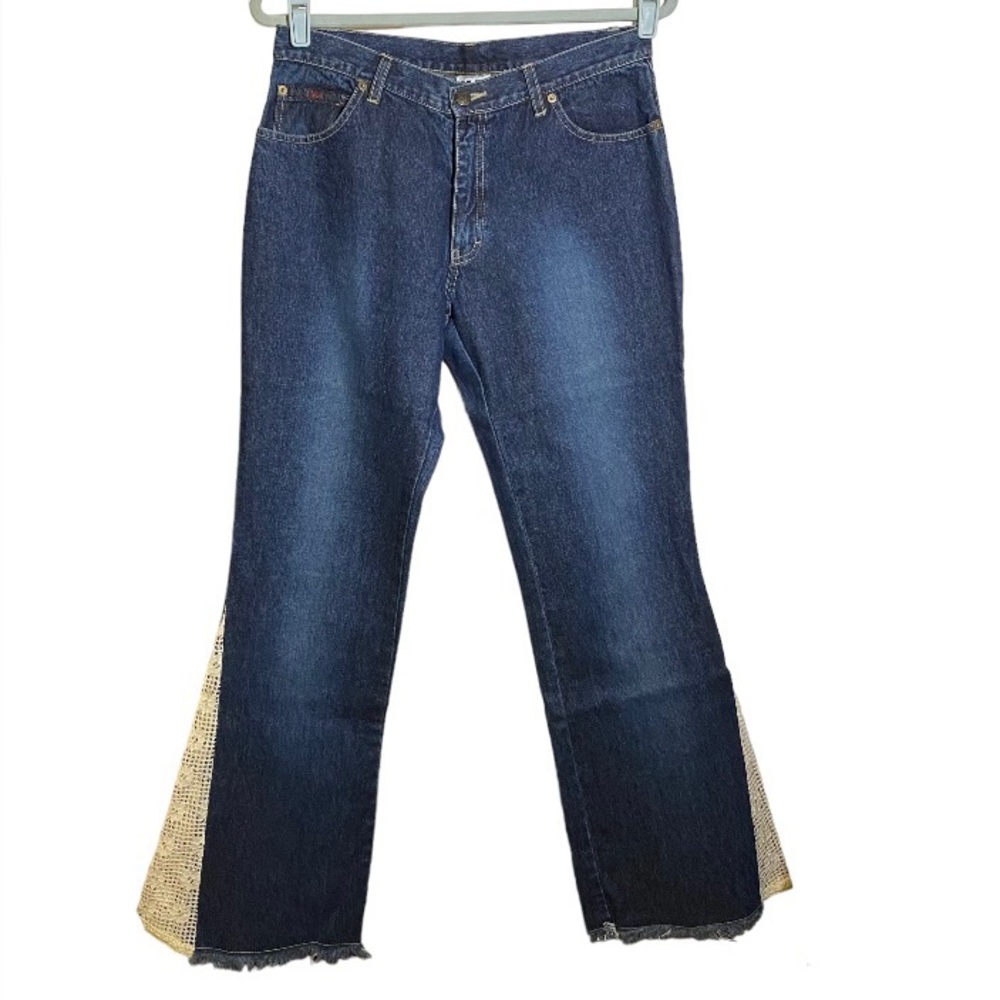 Vintage Jeans Flare Leg Y2K Cotton Denim Crochet Inlay at Hem Clio Women Size 10